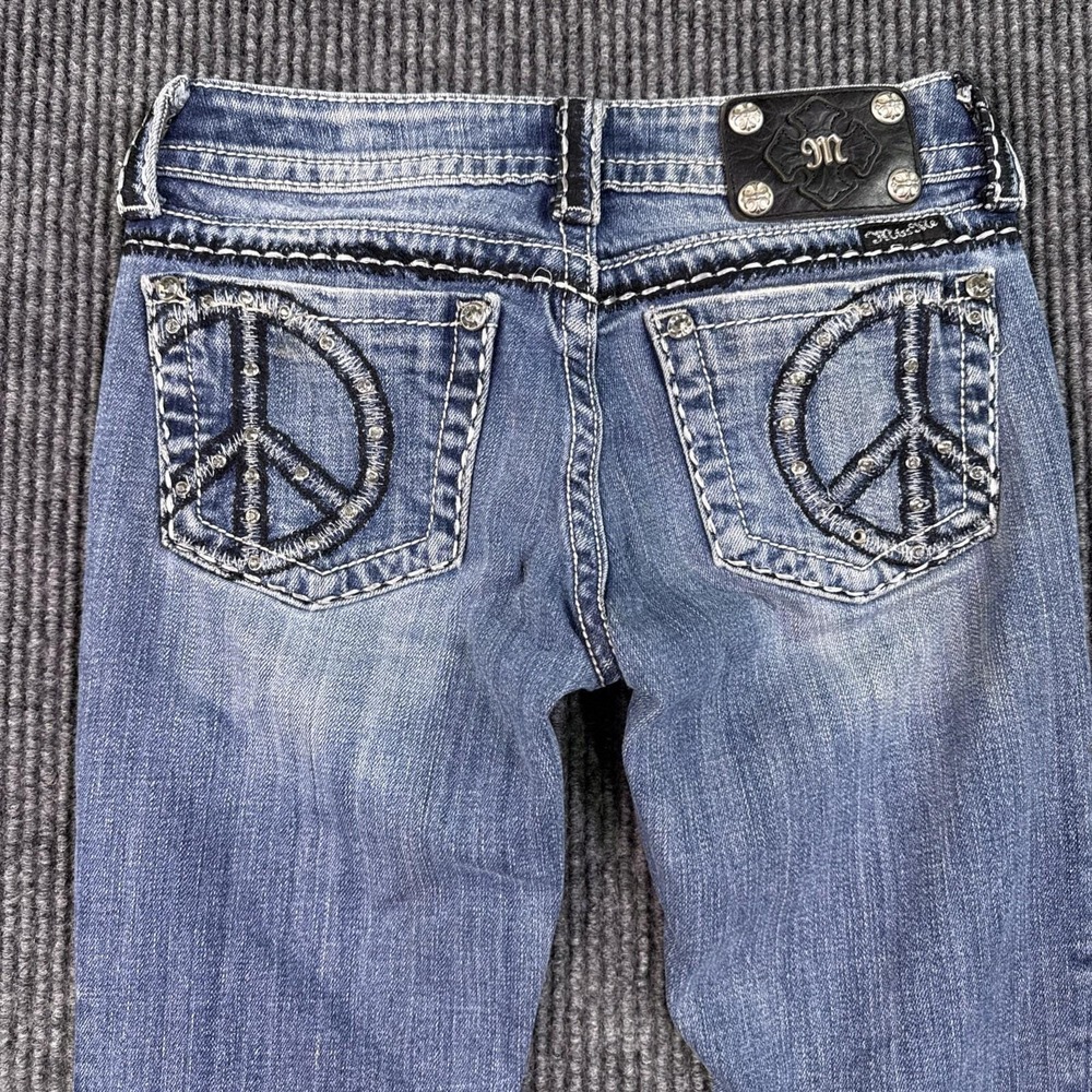 MISS ME Jeans womens 26x32 low rise Boot Peace Sign Rhinestone Y2K embelished - Picture 10 of 11